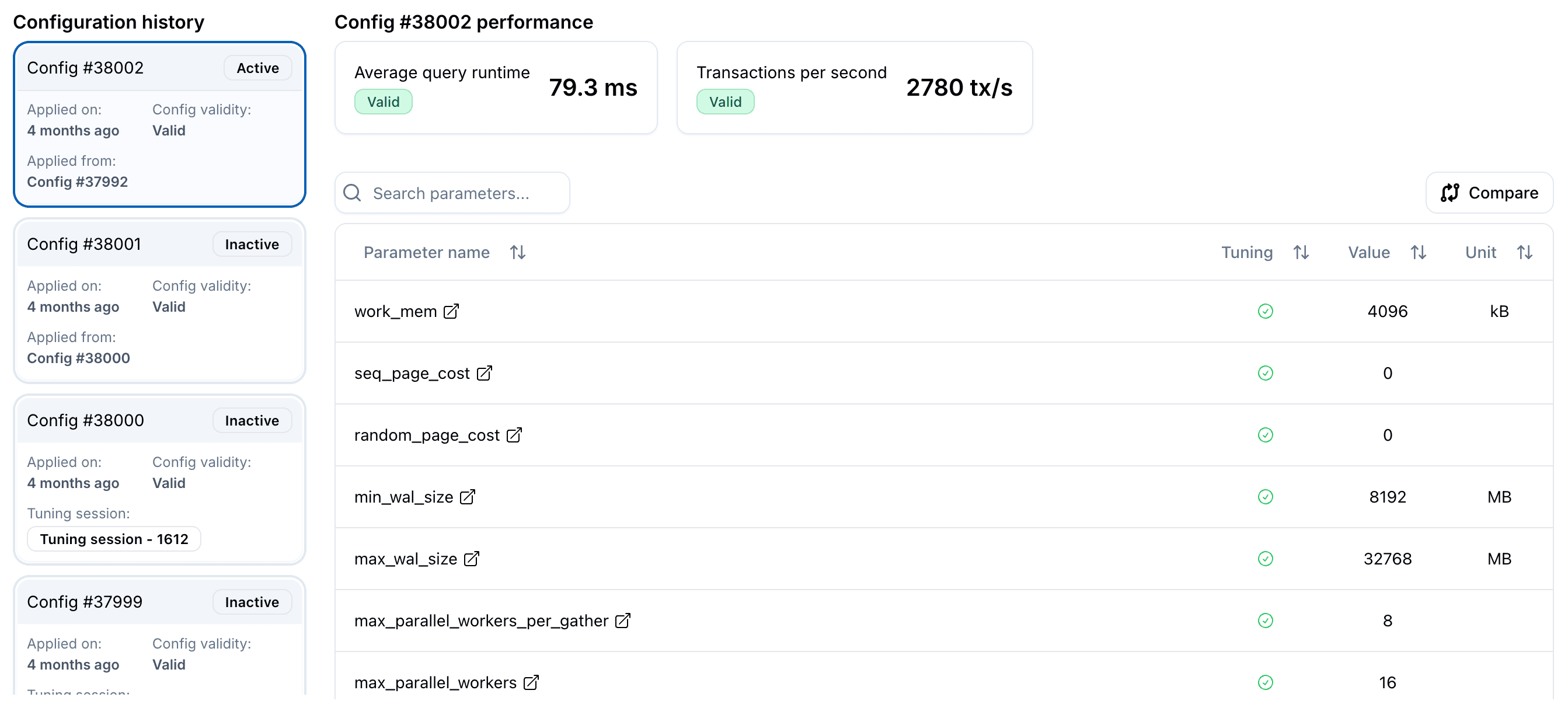A table showing a breakdown of the parameters that make up different configurations suggested by the DBtune platform.