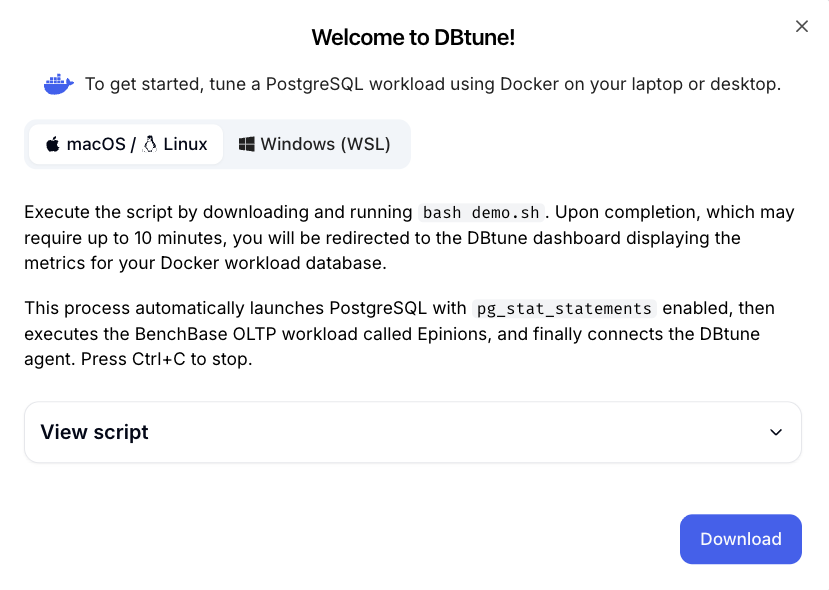 Demo dialog with platform selection and download button