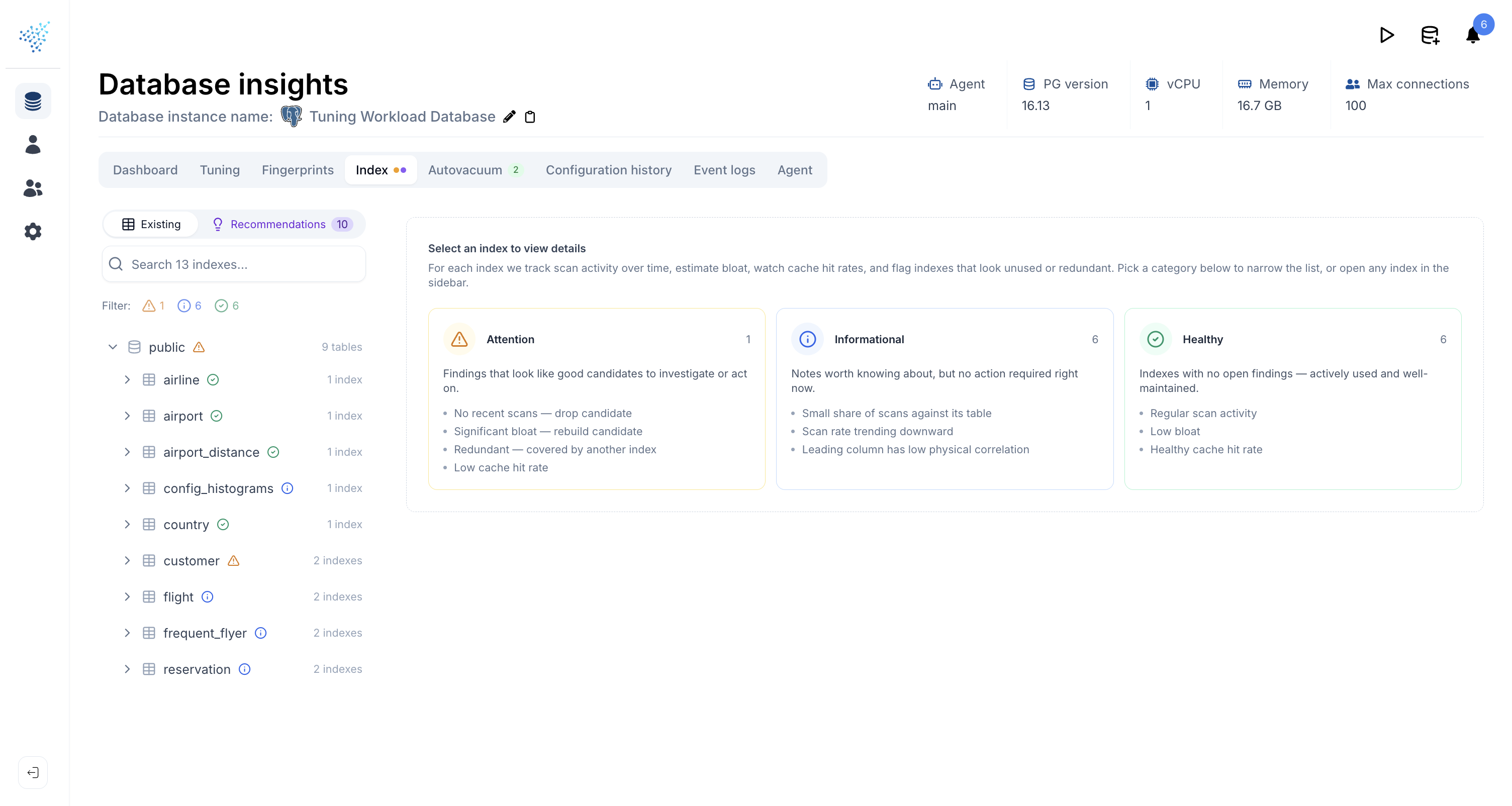 Existing indexes view with Attention, Informational, and Healthy buckets summarized across all indexes