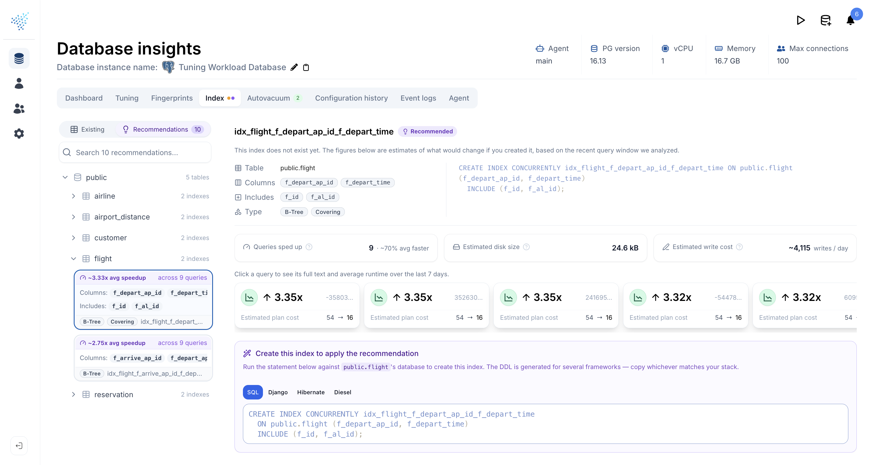 A single recommendation expanded, showing estimated impact, the queries it affects, and the DDL ready to copy