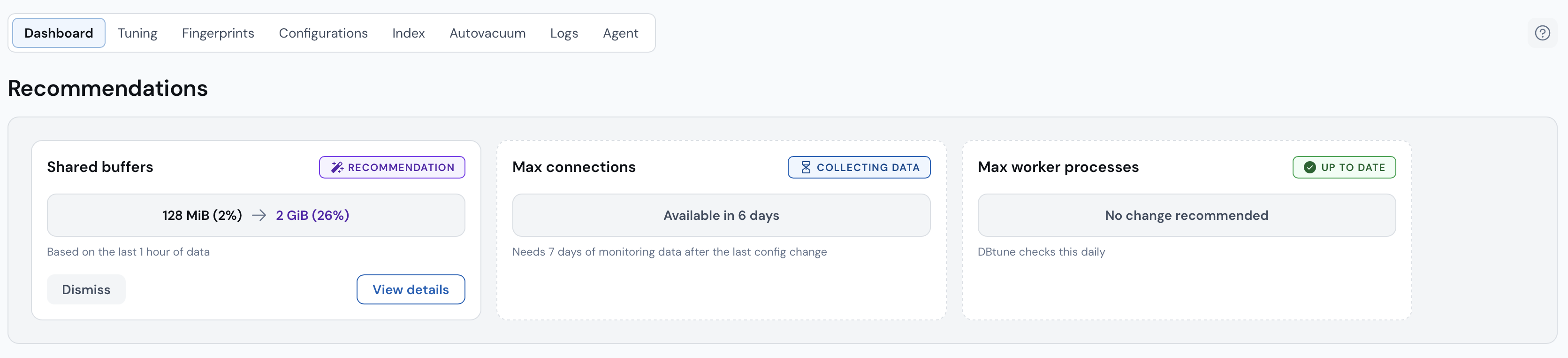 Recommendations section on the Database dashboard with a max_connections card